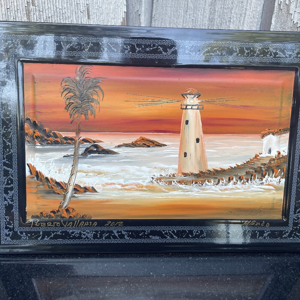 Hand Painted Oil Tile Lighthouse Mexico Sunset Puerto Vallarta Signed Beach 2012